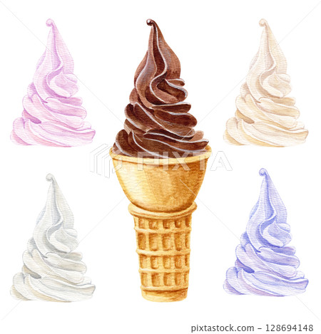 Watercolor hand drawn set of different flavors ice cream and chocolate ice cream in a waffle cone. 128694148