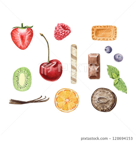 Watercolor set of toppings of strawberry, cherry, kiwi, mint, chocolate, blueberry, vanilla, orange, raspberry, cookie 128694153