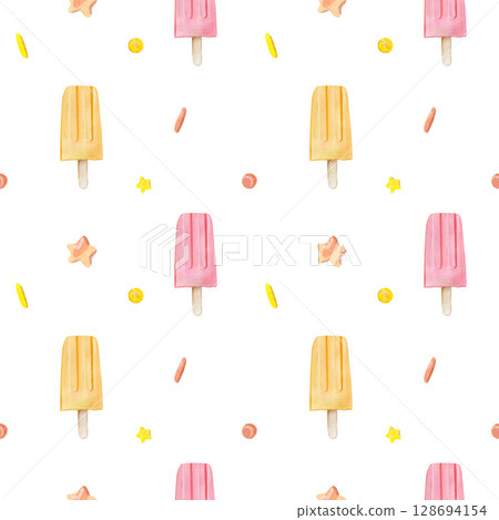 Watercolor seamless pattern with double flavors ice creams and different candies on a white background 128694154