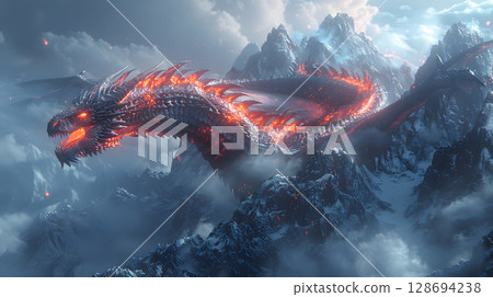 Fantasy dragon mystical glowing detailed with glowing scales flying above a mountain. Perfect for games, book covers, Nand digital art collections. 128694238