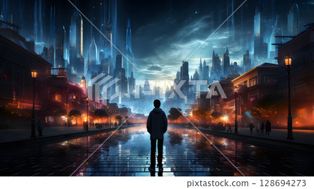 A vibrant cyberpunk cityscape glowing with neon lights and glitch effects. Futuristic people wearing tech gear in a night urban scene. 128694273