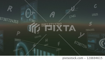 Image of numbers falling and data processing over green background 128694615