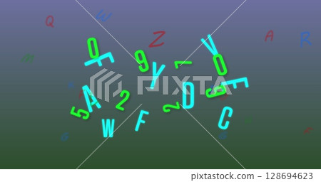 Image of numbers and letters falling over blue to green background 128694623