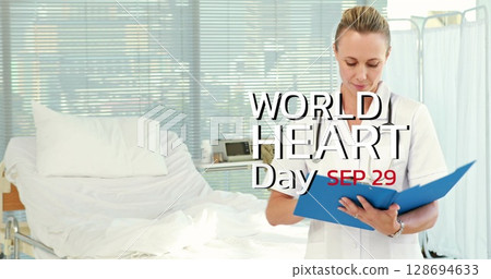 Image of world heart day over happy caucasian female doctor with notes 128694633