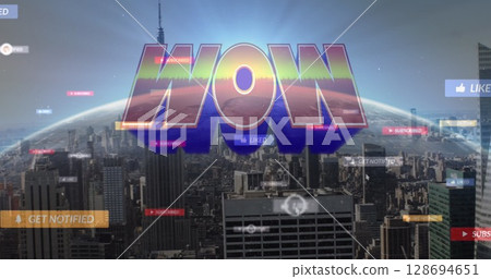 Image of wow, globe and social media reactions over cityscape 128694651