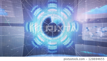 Holographic round interface projecting data rings in virtual control room with screens and grid 128694655