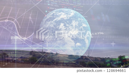 Image of financial data processing binary coding over earth and wind turbine Image of financial data processing binary coding over earth and wind turbine 128694661