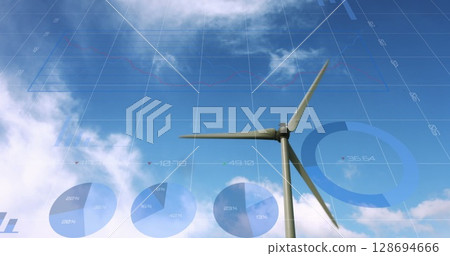 Image of financial data processing over wind turbine Image of financial data processing over wind turbine 128694666