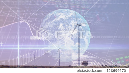 Image of financial data processing binary coding over earth and wind turbine 128694670