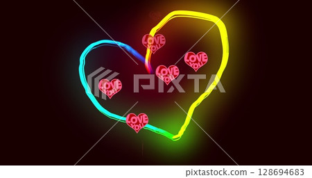 Image of hearts floating over black background with neon heart Image of hearts floating over black background with neon heart 128694683