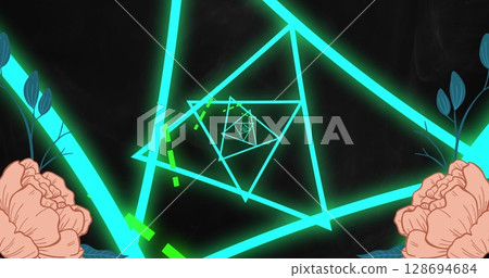 Image of roses appearing over black background with neon triangles 128694684