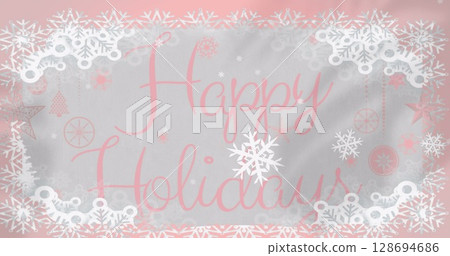 Image of frame and snowflakes falling over happy holidays on grey background 128694686