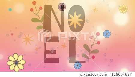 Image of noel and flowers appearing on orange and red background with lights 128694687