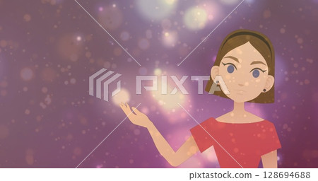 Image of cartoon woman and dots floating over pastel violet background 128694688