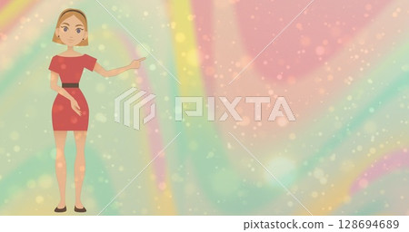 Image of cartoon woman and dots floating over pastel colorful background Image of cartoon woman and dots floating over pastel colorful background 128694689