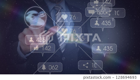 Image of businessman with network of social media icons and numbers Image of businessman with network of social media icons and numbers 128694693