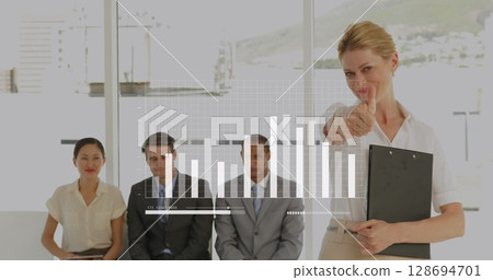 Image of statistics and financial data processing over diverse business people Image of statistics and financial data processing over diverse business people 128694701