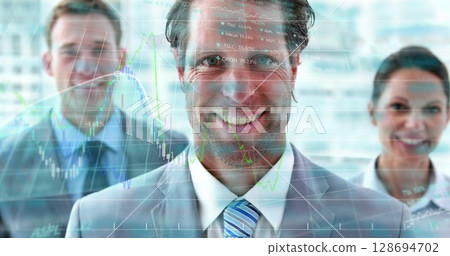 Image of financial data processing over diverse business people 128694702