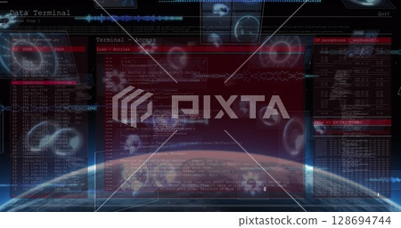 Image of data processing in on digital screen over globe Image of data processing in on digital screen over globe 128694744