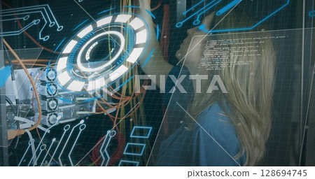 Image of processing circle over data and caucasian woman checking computer wires Image of processing circle over data and caucasian woman checking computer wires 128694745
