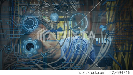 Image of processing circle over data and caucasian man checking computer wires Image of processing circle over data and caucasian man checking computer wires 128694746
