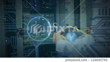 Image of processing circle over data and hands of caucasian man checking computer wires 128694748