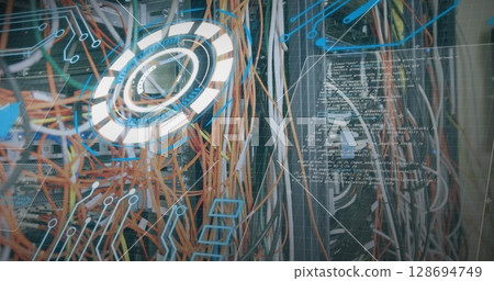 Image of processing circle over integrated circuit and computer wires Image of processing circle over integrated circuit and computer wires 128694749