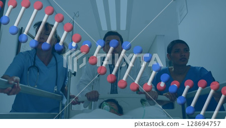 Image of dna over diverse female and male doctors running with bed with unconscious patient Image of dna over diverse female and male doctors running with bed with unconscious patient 128694757