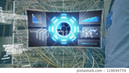 Image of data processing over hands of caucasian man checking computer wires Image of data processing over hands of caucasian man checking computer wires 128694759