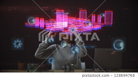 Image of data processing over biracial woman using vr headset Image of data processing over biracial woman using vr headset 128694768