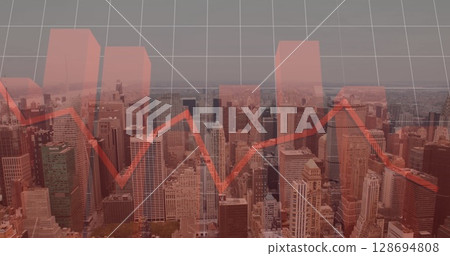 Image of red line, financial data processing over cityscape 128694808