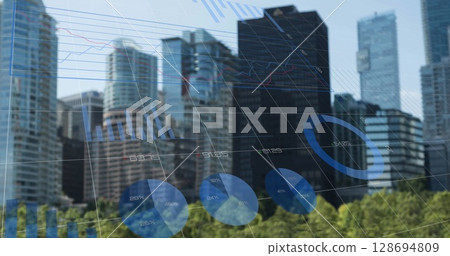 Image of financial data processing over cityscape 128694809