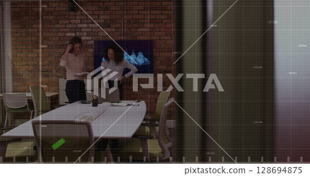 Image of data processing over diverse business people at meeting 128694875