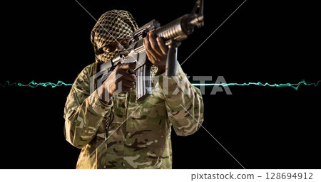Image of trails and african american male soldier over black background 128694912