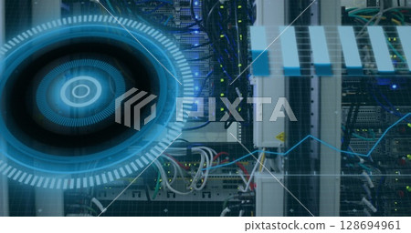 Image of scope scanning and data processing over cables in computer server in background 128694961