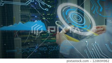 Image of scope scanning and data processing over computer server in background 128694962