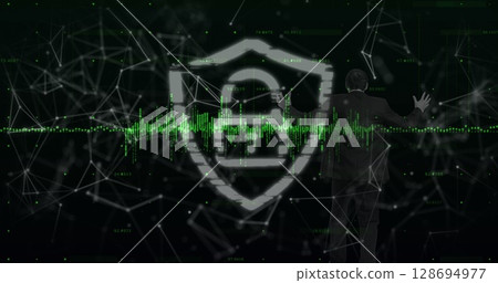 Image of online security padlock over network of connections in background Image of online security padlock over network of connections in background 128694977