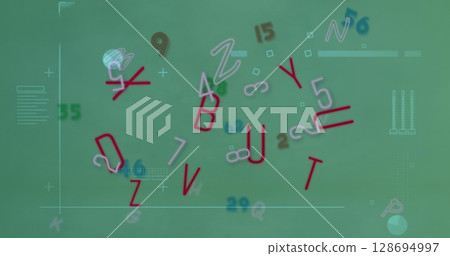 Showing floating alphanumeric characters drifting on dashboard screen, with grid lines and axes Showing floating alphanumeric characters drifting on dashboard screen, with grid lines and axes 128694997