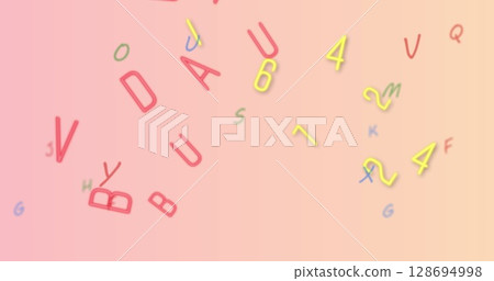 Floating red uppercase and yellow digits green and blue lowercase letters on gradient canvas Floating red uppercase and yellow digits green and blue lowercase letters on gradient canvas 128694998