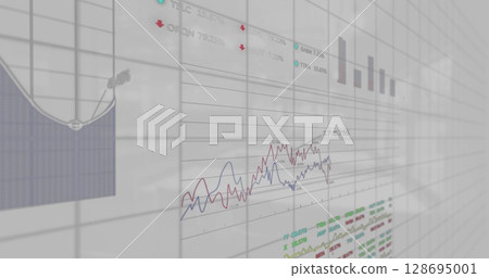 Image of financial data and graphs over grey background 128695001