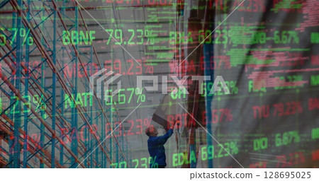 Image of financial data and graphs over caucasian male worker in warehouse 128695025