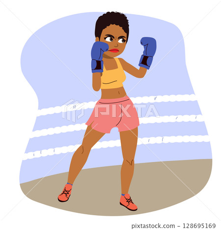 Strong Girl Boxing Workout Cartoon Vector Illustration Strong Girl Boxing Workout Cartoon Vector Illustration 128695169