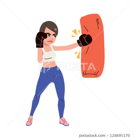 Woman Hitting Punching Bag Cartoon Vector Illustration Woman Hitting Punching Bag Cartoon Vector Illustration 128695170