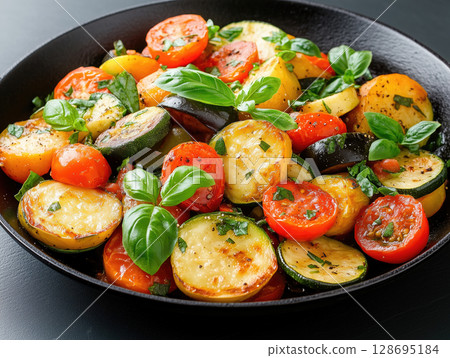 Ratatouille with a colorful medley of zucchini, eggplant, bell peppers, and tomatoes 128695184
