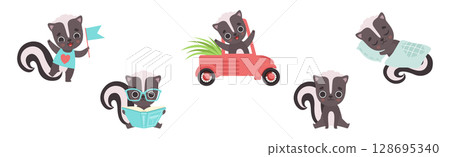 Cute Skunk Animal Character Engaged in Different Activity Vector Set 128695340