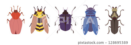 Insect Bugs and Beetle with Antenna and Multiple Legs Vector Set 128695389