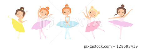 Lovely Little Ballerina in Tutu Skirt and Leotard Dancing and Training Vector Set 128695419