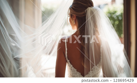 Image of a bride with a veil from behind 128695429