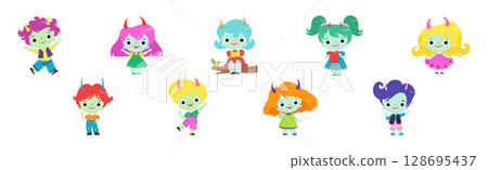 Tiny Troll Characters with Different Hair Color and Little Horns Vector Set 128695437