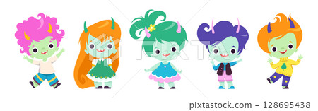 Tiny Troll Characters with Different Hair Color and Little Horns Vector Set 128695438